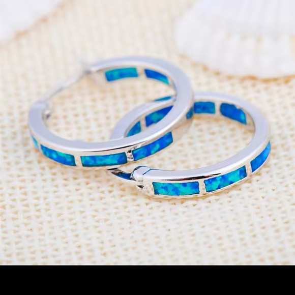 Blue Opal Earrings Round Circle Hoop Earrings - Picture 3 of 4